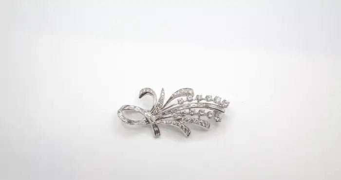 Statement 14K White Gold Diamond Spray Brooch Mid-Century Floral Design.