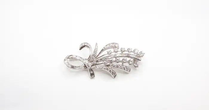 Statement 14K White Gold Diamond Spray Brooch Mid-Century Floral Design.