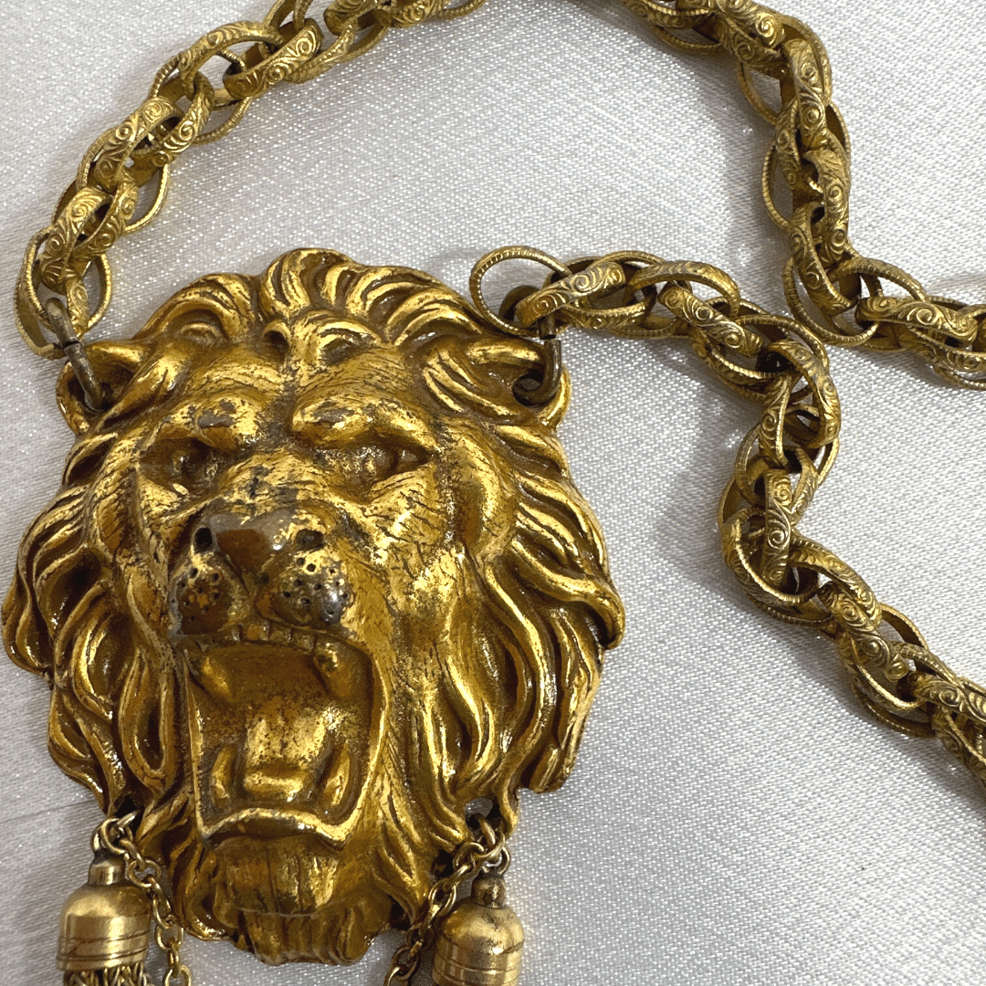 Miriam Haskell  Lion Head Pendant Necklace - Pendant detail - satin background