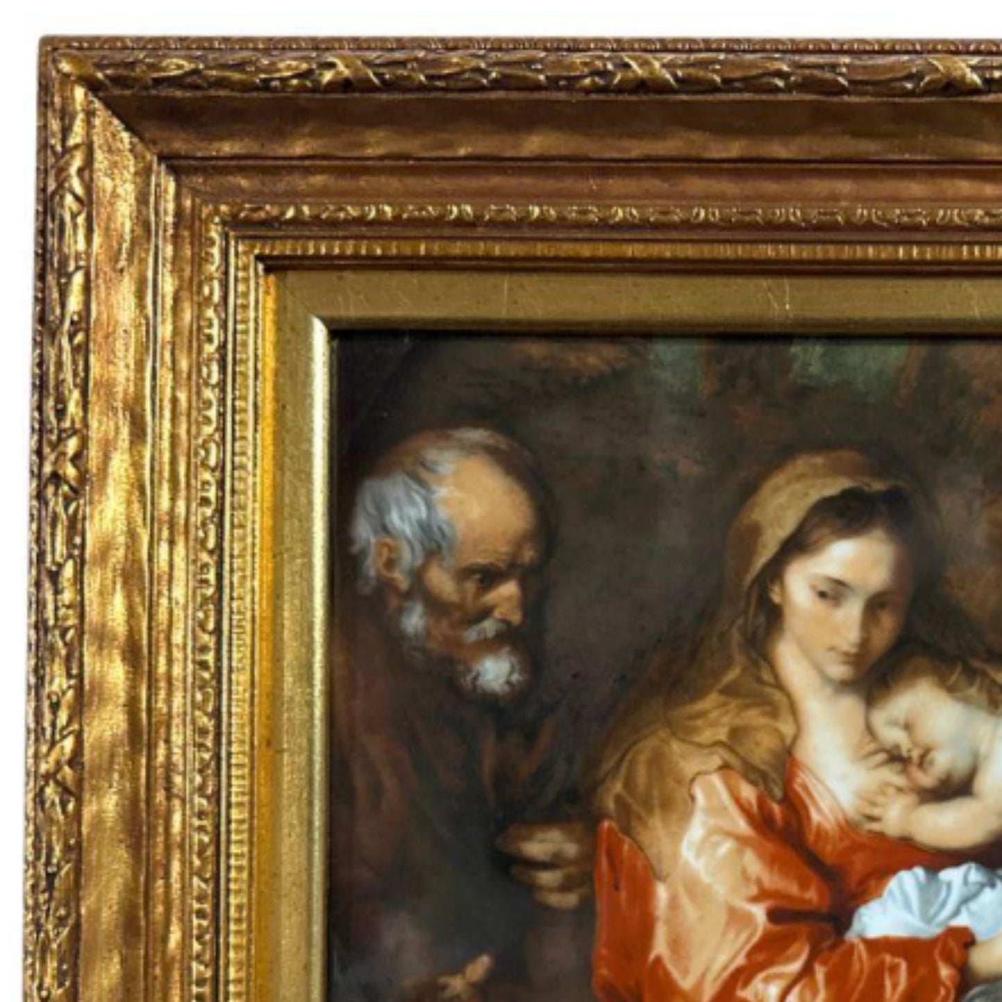 "Rest of the Holy Family During the Flight into Egypt" KPM Porcelain Plaque - Frame Detail, Top Left