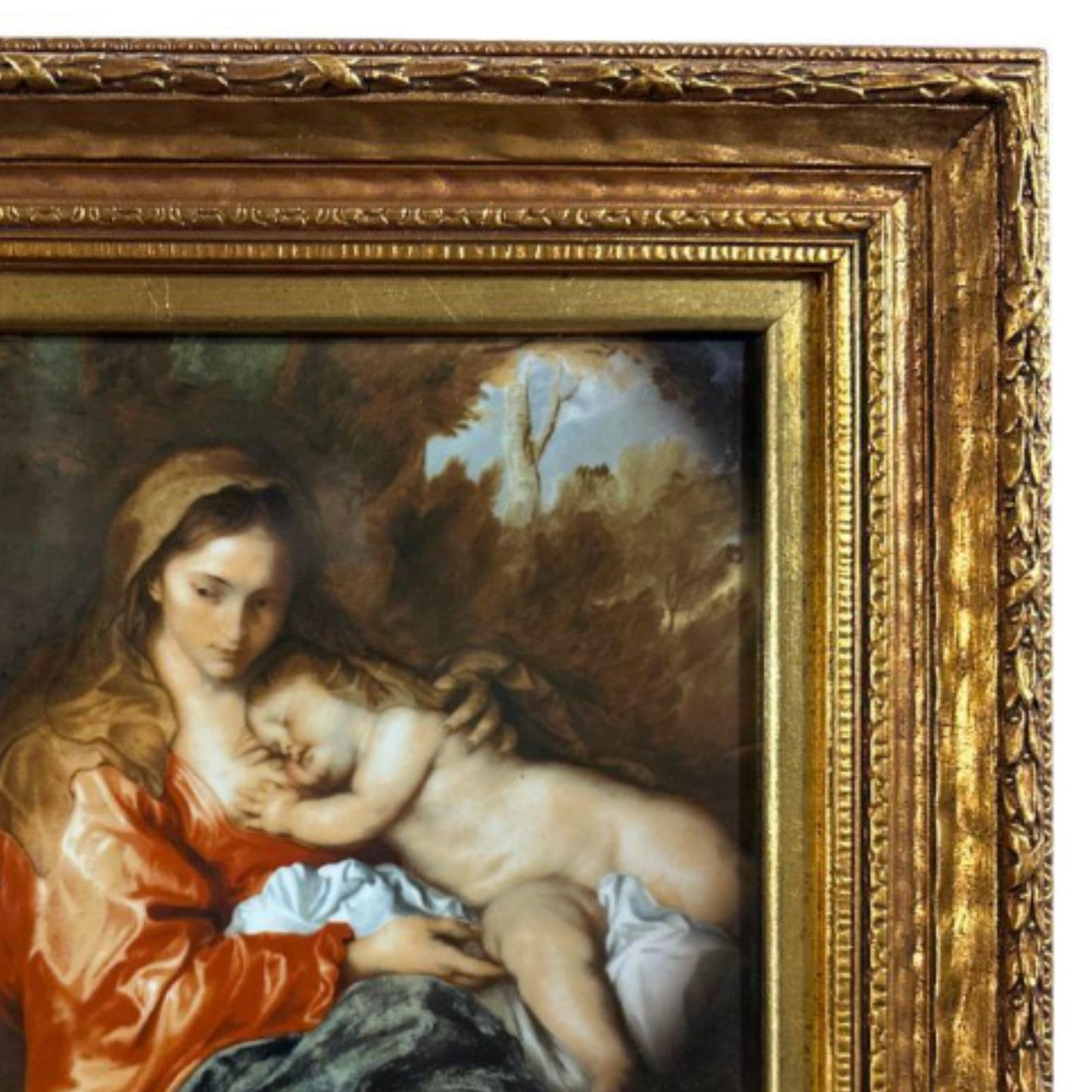 "Rest of the Holy Family During the Flight into Egypt" KPM Porcelain Plaque - Frame Detail, Top Right