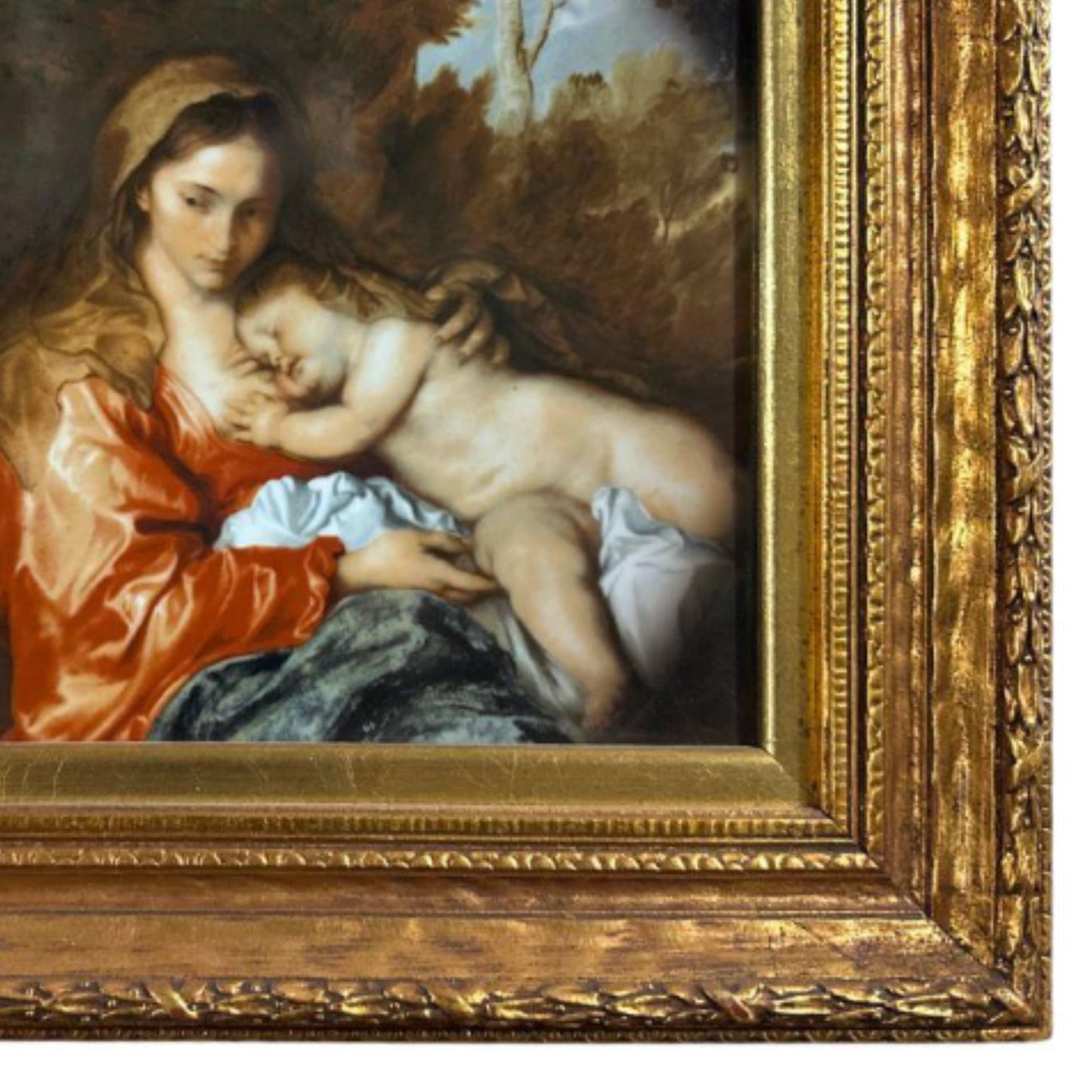 "Rest of the Holy Family During the Flight into Egypt" KPM Porcelain Plaque - Frame Detail, Bottom Right