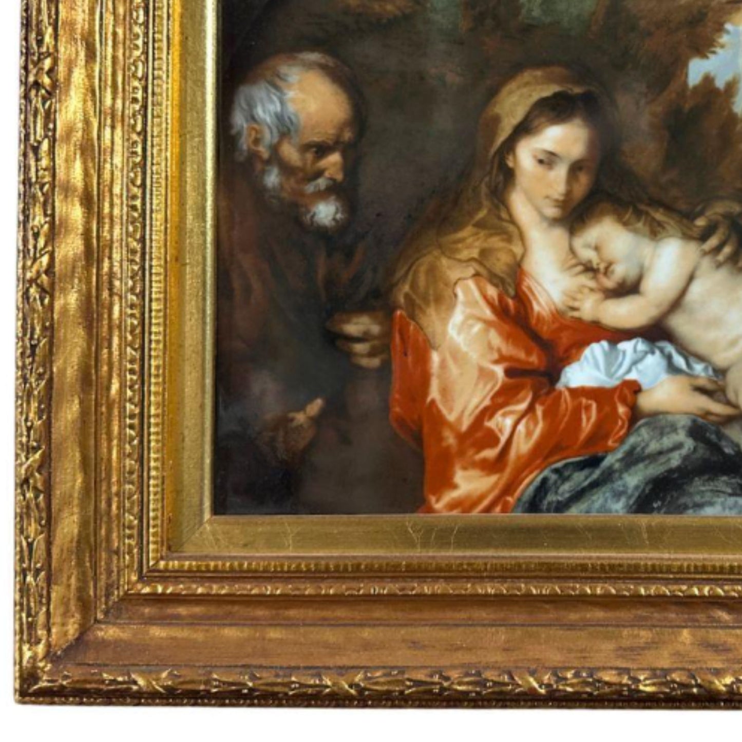 "Rest of the Holy Family During the Flight into Egypt" KPM Porcelain Plaque - Frame Detail, Bottom Left