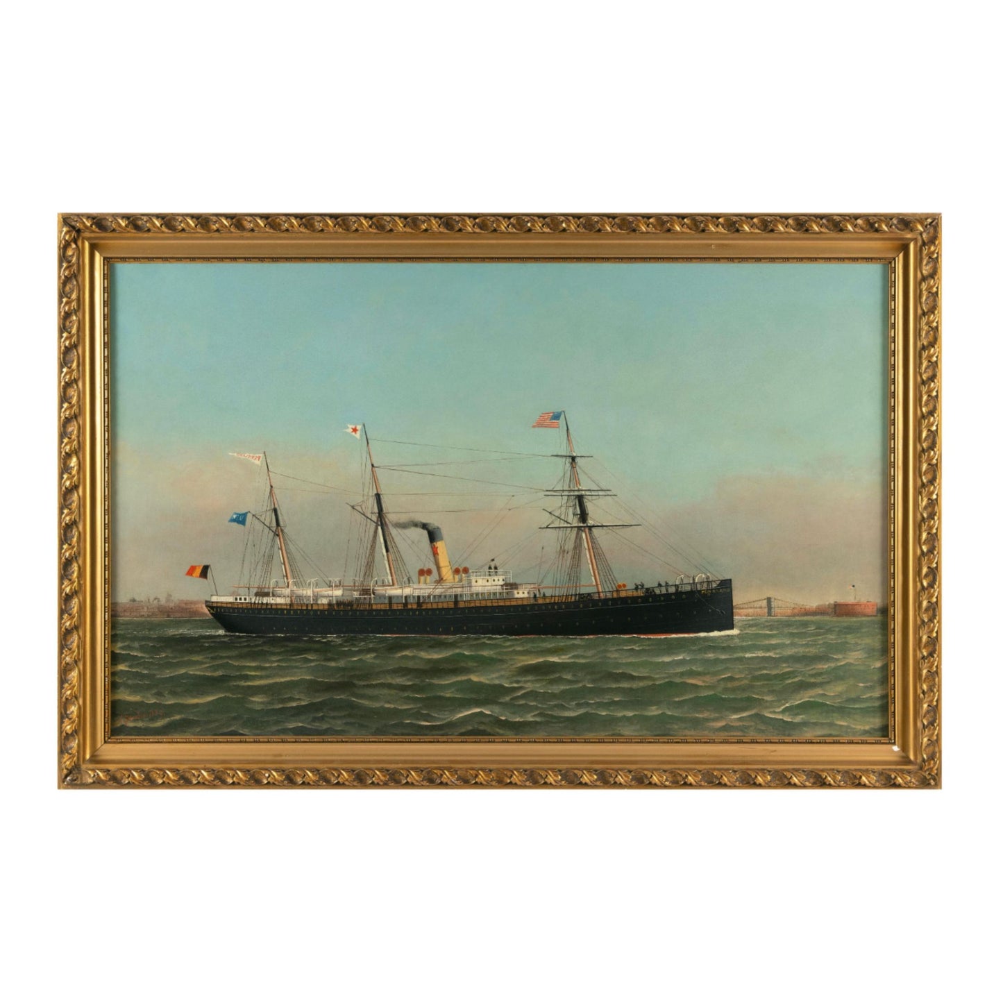 "The Screw-Steamer Pennland in New York Harbor" by Antonio Gasparo Jacobsen with antique frame.