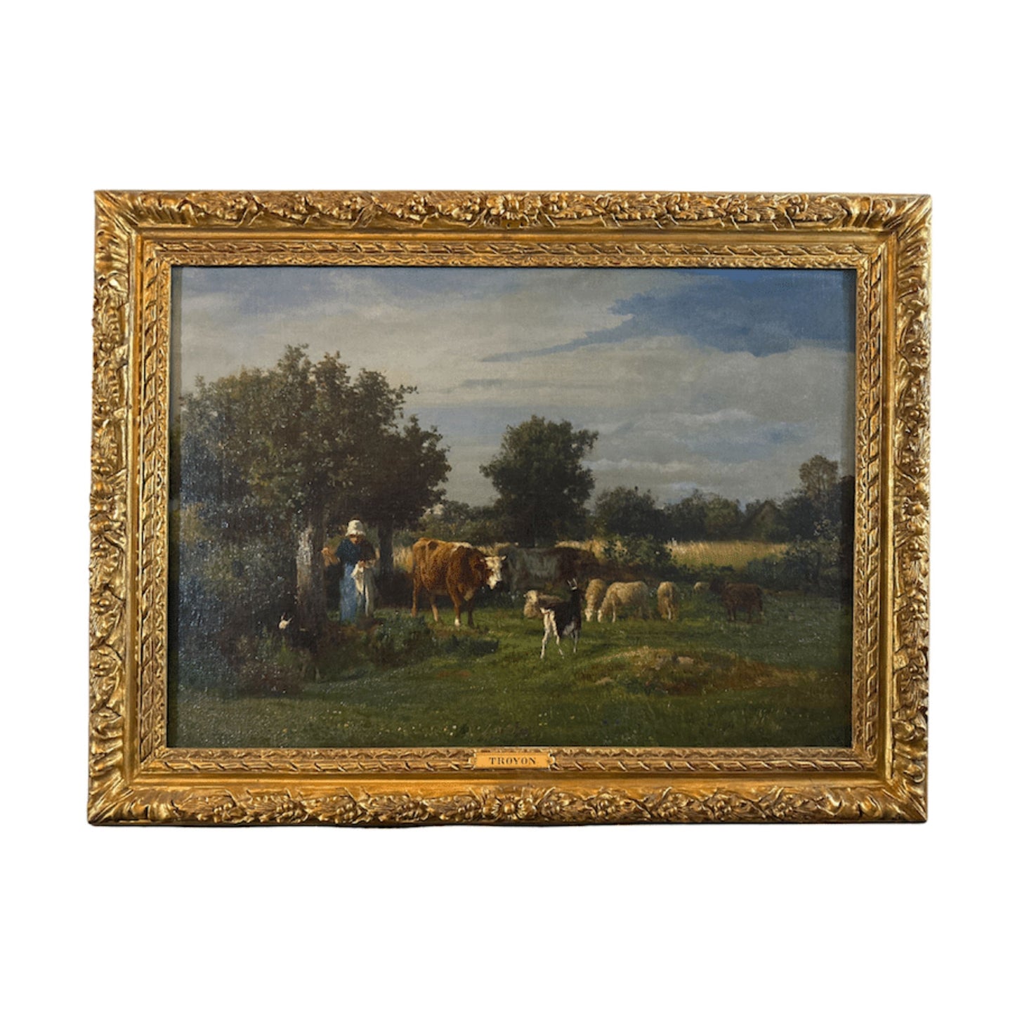 "Shepherdess with Farm Animals" by Constant Troyon, with Antique Frame