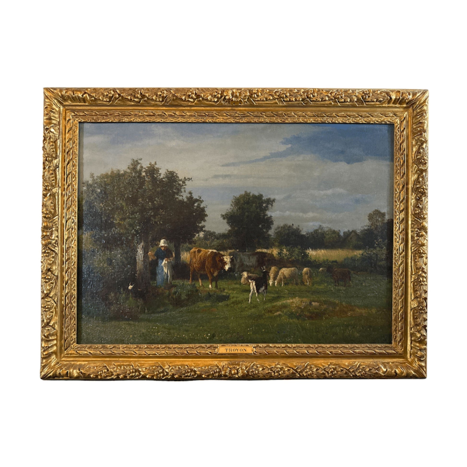 "Shepherdess with Farm Animals" by Constant Troyon, with Antique Frame