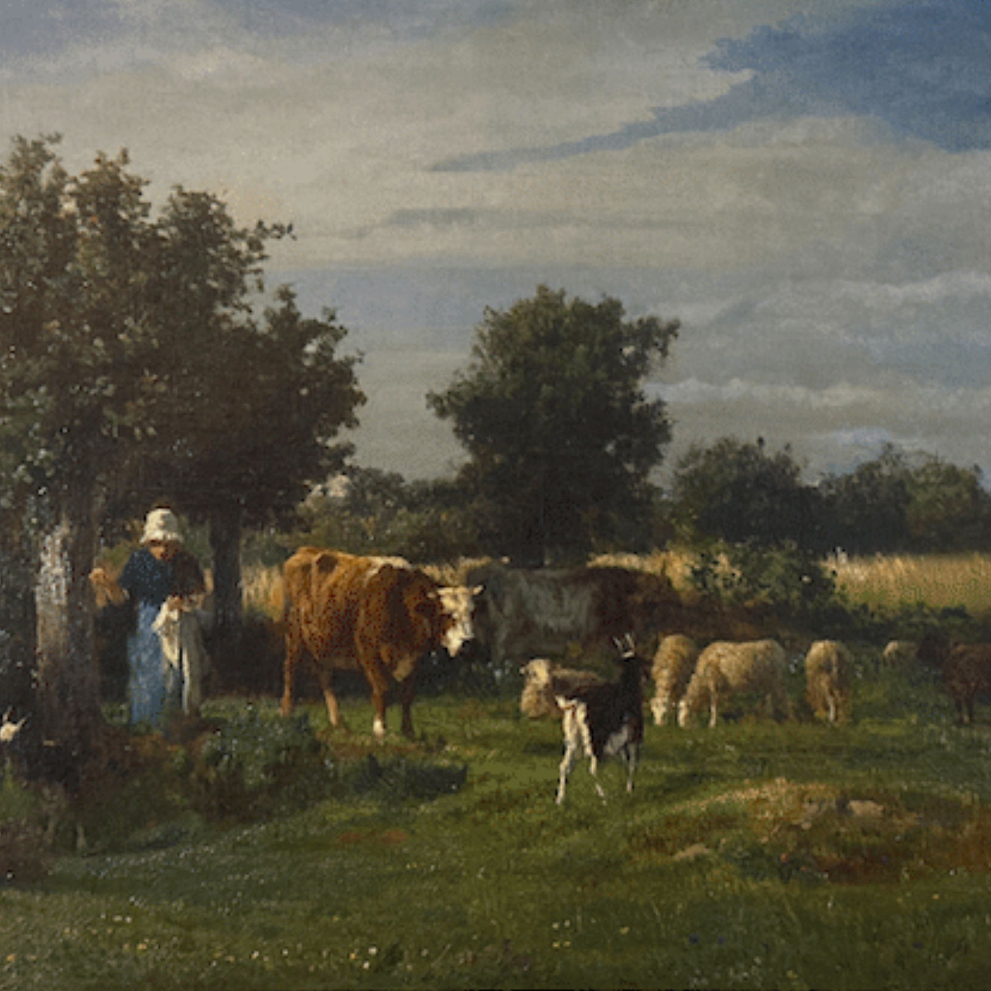 "Shepherdess with Farm Animals by Constant Troyon, subject detail