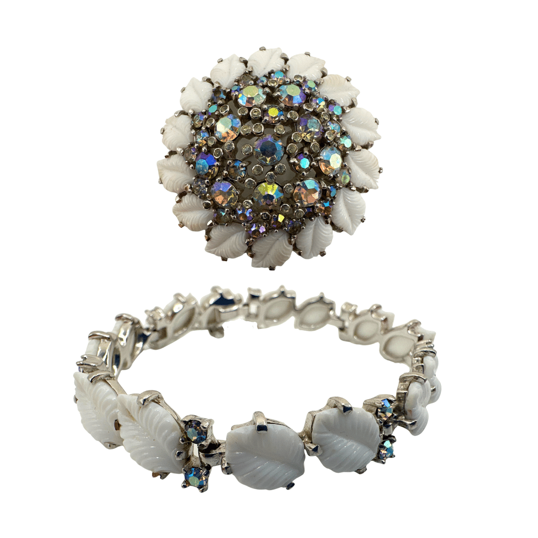 Signed Jomaz Antique White Glass and Rhinestone Brooch and Bracelet Set