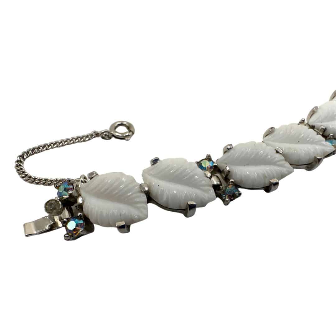 Signed Jomaz Antique White Glass and Rhinestone Brooch and Bracelet Set - Clasp Detail