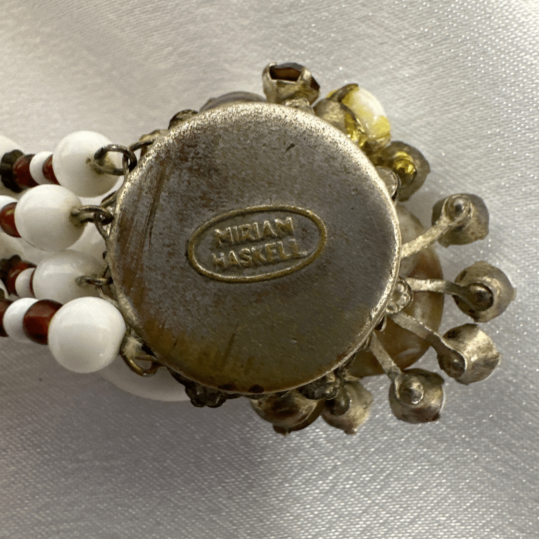 Signed Miriam Haskell White and Red Stone Vintage Bracelet - Signature Detail