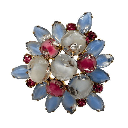 Striking Unsigned Hobe Vintage White Blue & Pink Glass and Rhinestone Brooch Pin - Front Detail