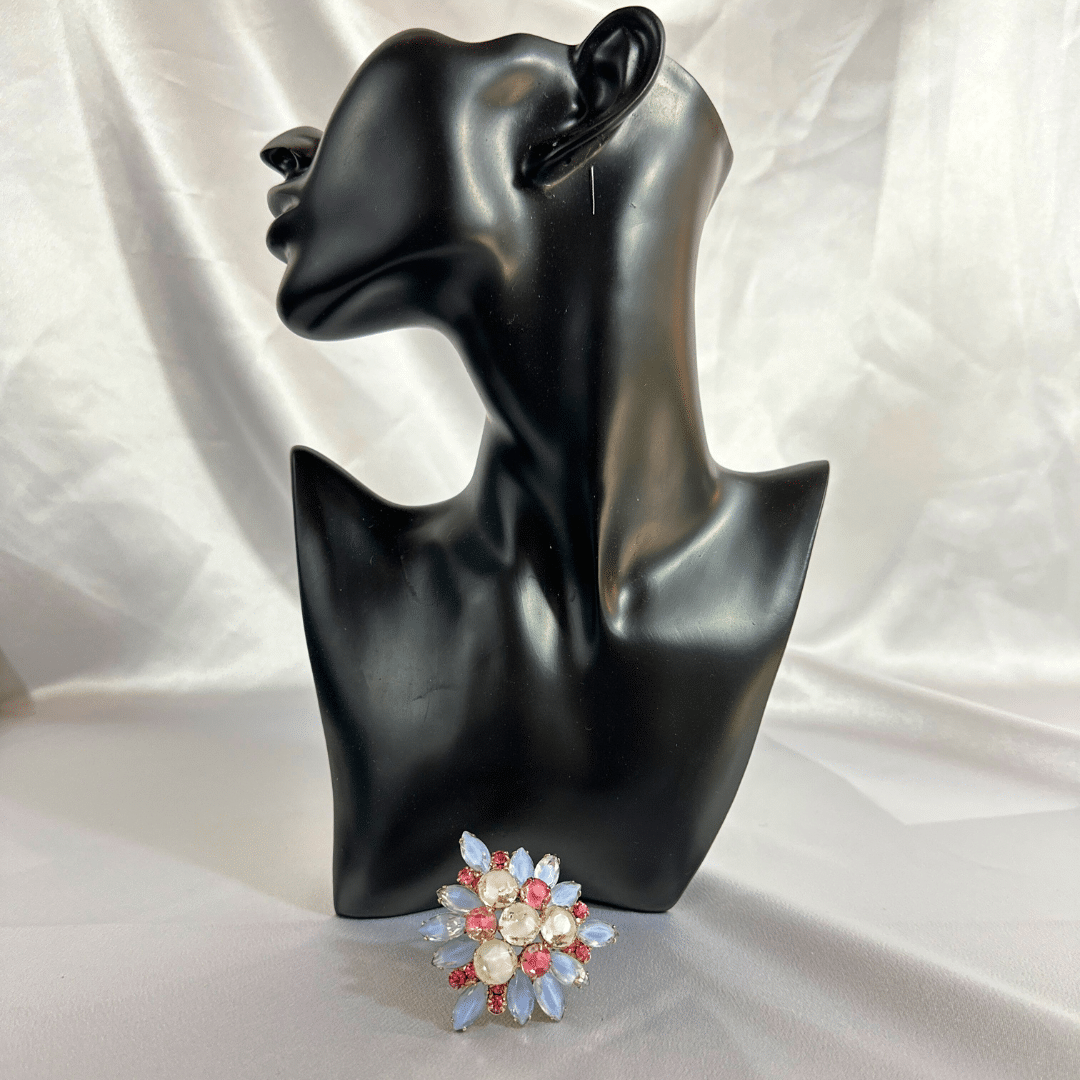 Striking Unsigned Hobe Vintage White Blue & Pink Glass and Rhinestone Brooch Pin - On Mannequin