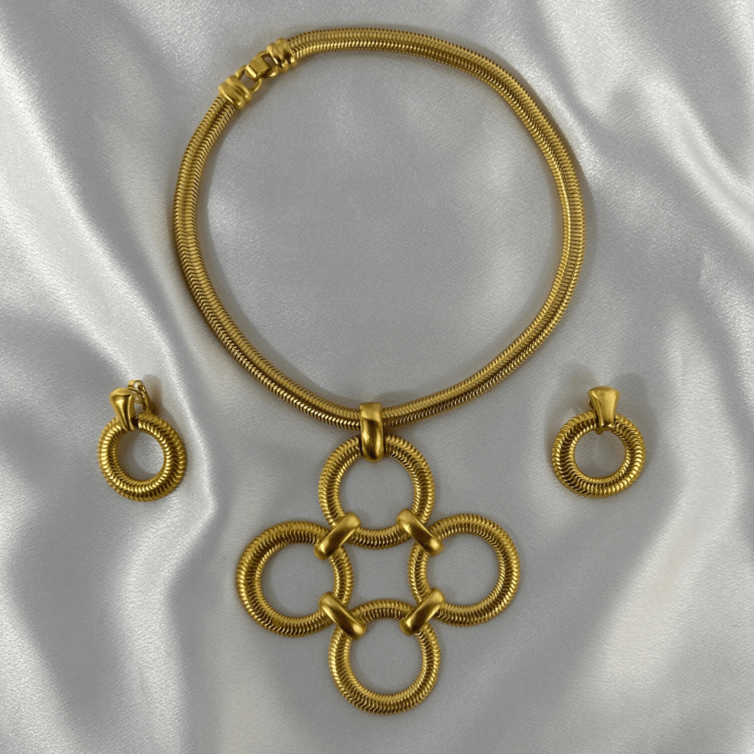 Trifari Art Deco Jewelry Set - Necklace and Earrings - satin backgroud