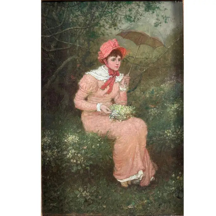 "Meeting in the Woods" 19th Century Antique Oil Painting on Canvas