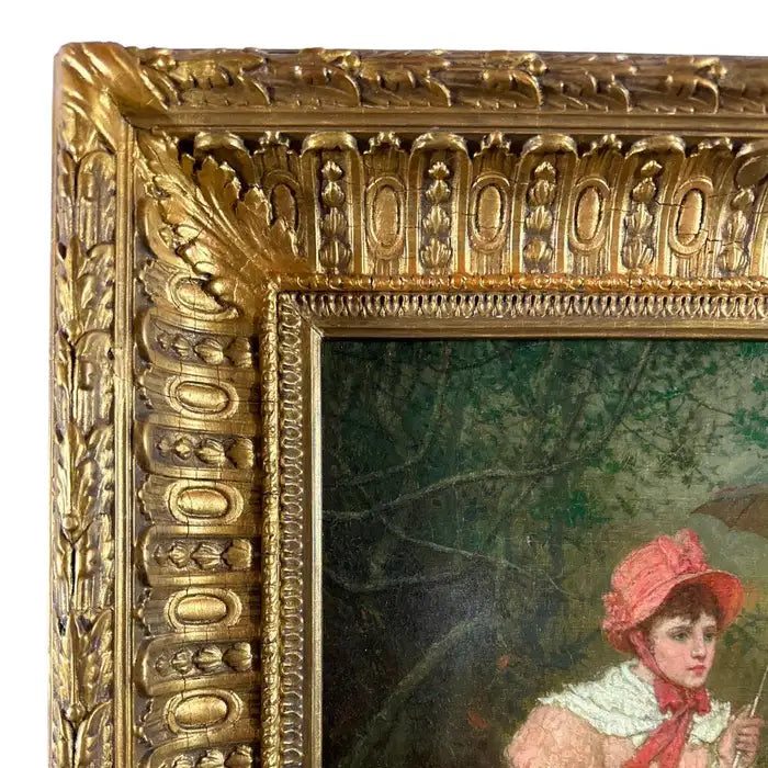 "Meeting in the Woods" 19th Century Antique Oil Painting on Canvas