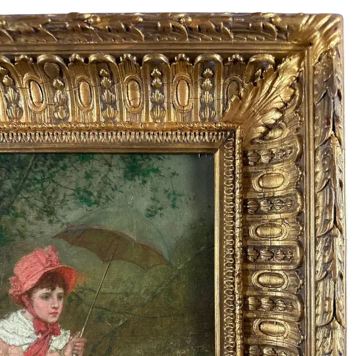 "Meeting in the Woods" 19th Century Antique Oil Painting on Canvas