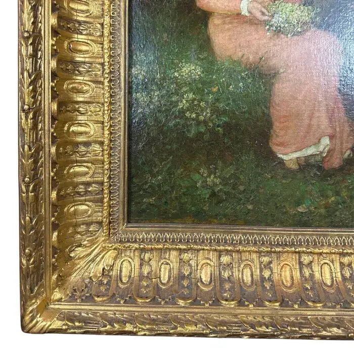 "Meeting in the Woods" 19th Century Antique Oil Painting on Canvas
