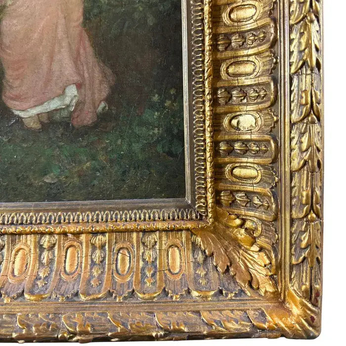"Meeting in the Woods" 19th Century Antique Oil Painting on Canvas