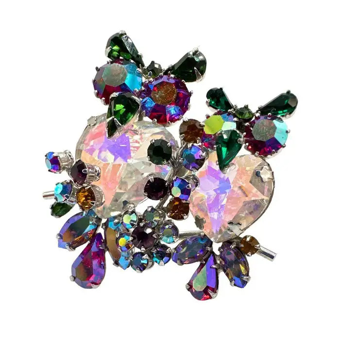 Signed Vendome Vintage Multi Color Glass Owl Brooch