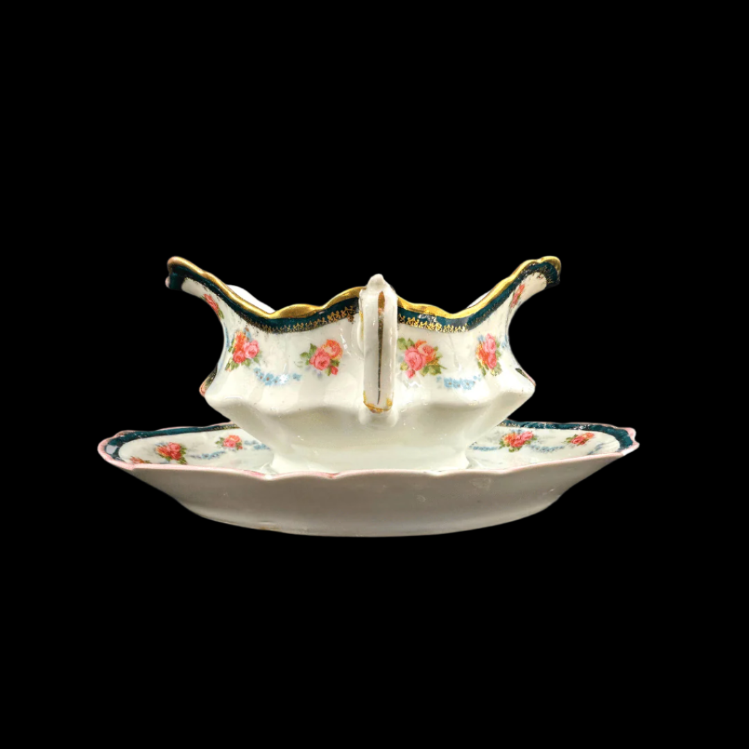 Vintage Austria Porcelain gravy Boat Compote Roses With Gold Accent - Side View