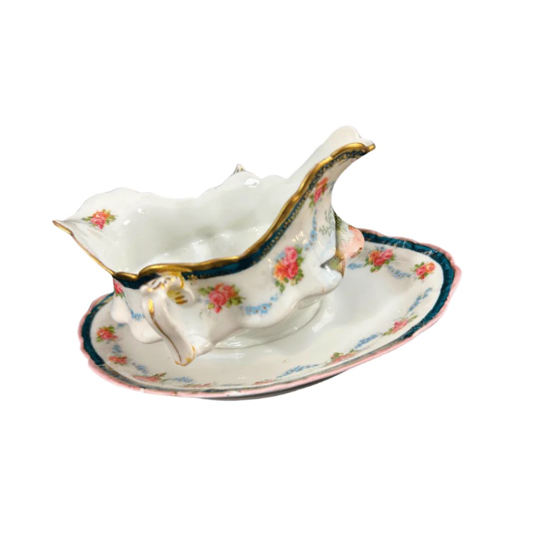 Vintage Austria Porcelain gravy Boat Compote Roses With Gold Accent image 1