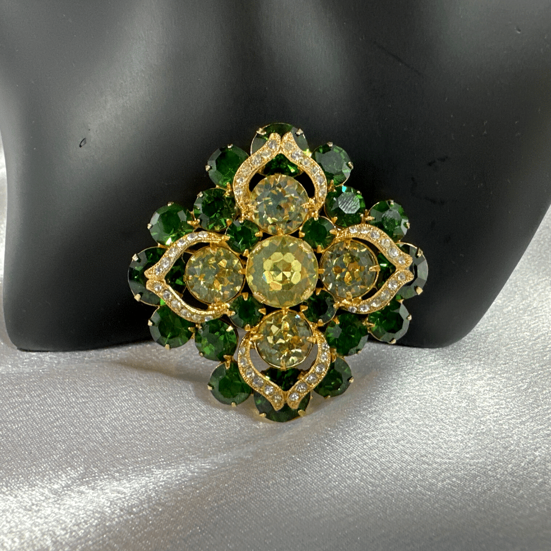 Vintage Eisenberg Brooch - Enchanting Green & Gold Glass - Mannequin