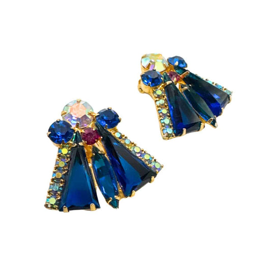 Vintage Julianna Earrings Blue Cut Glass and Rhinestone Earrings