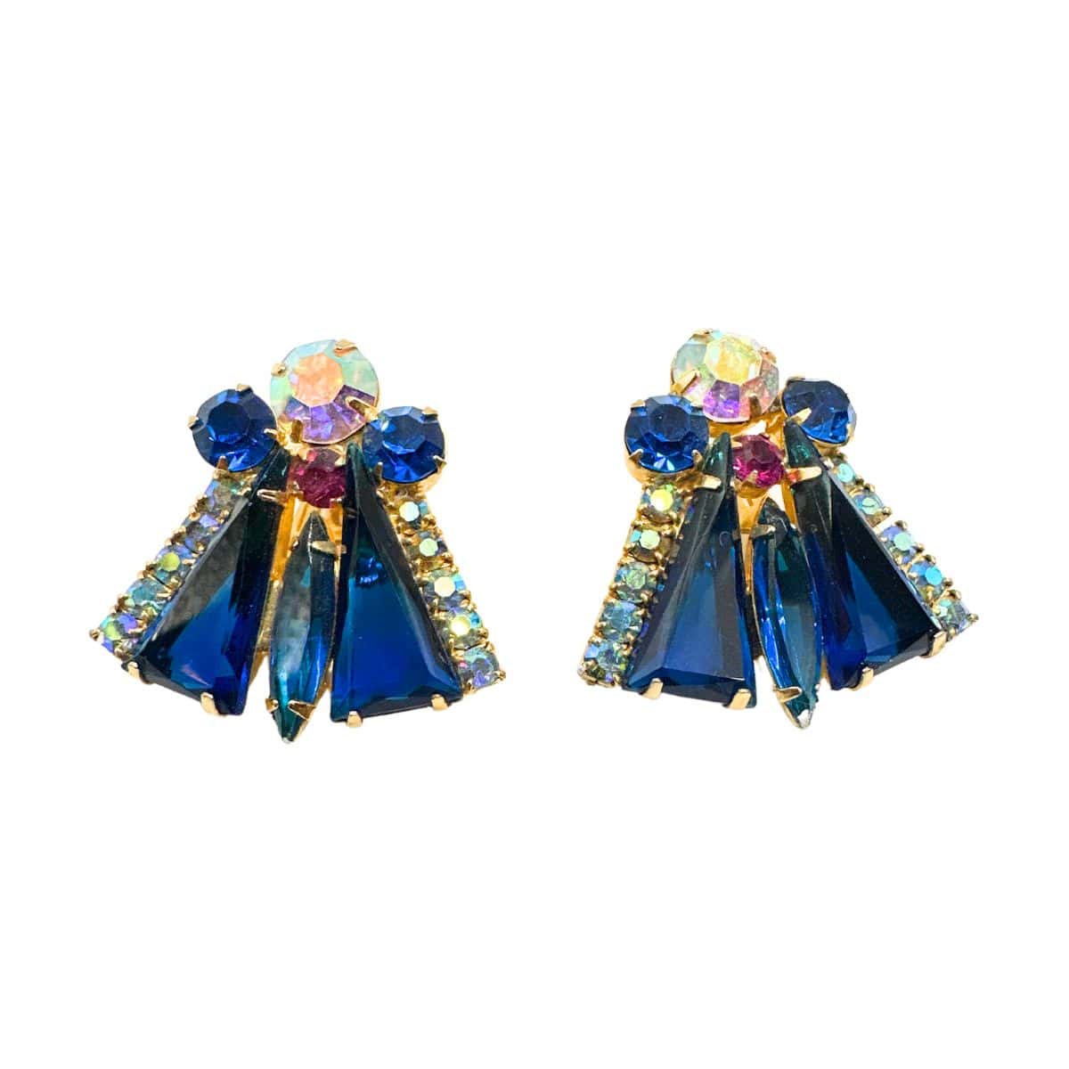 Vintage Julianna Earrings Blue Cut Glass and Rhinestone Earrings - on white background