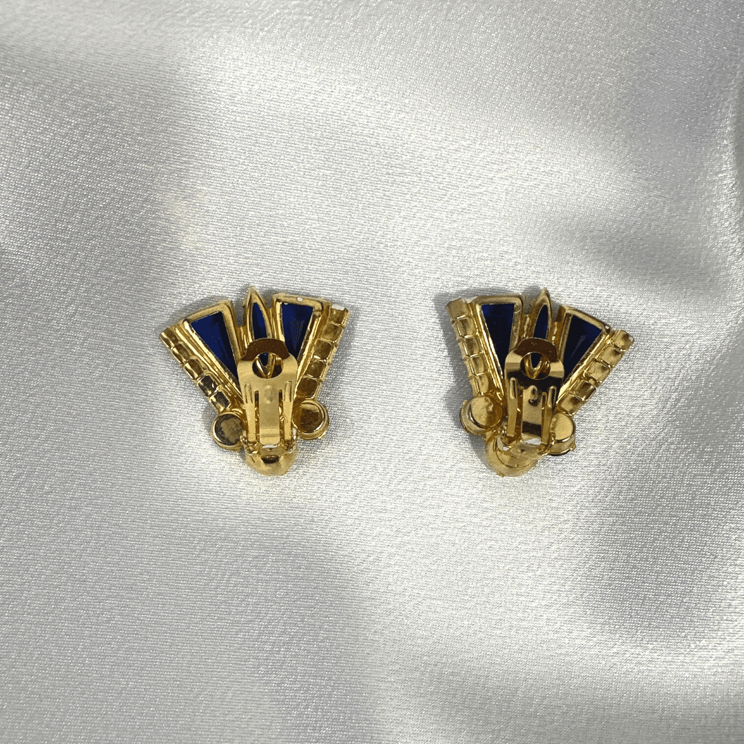 Vintage Julianna Earrings Blue Cut Glass and Rhinestone Earrings - rear detail