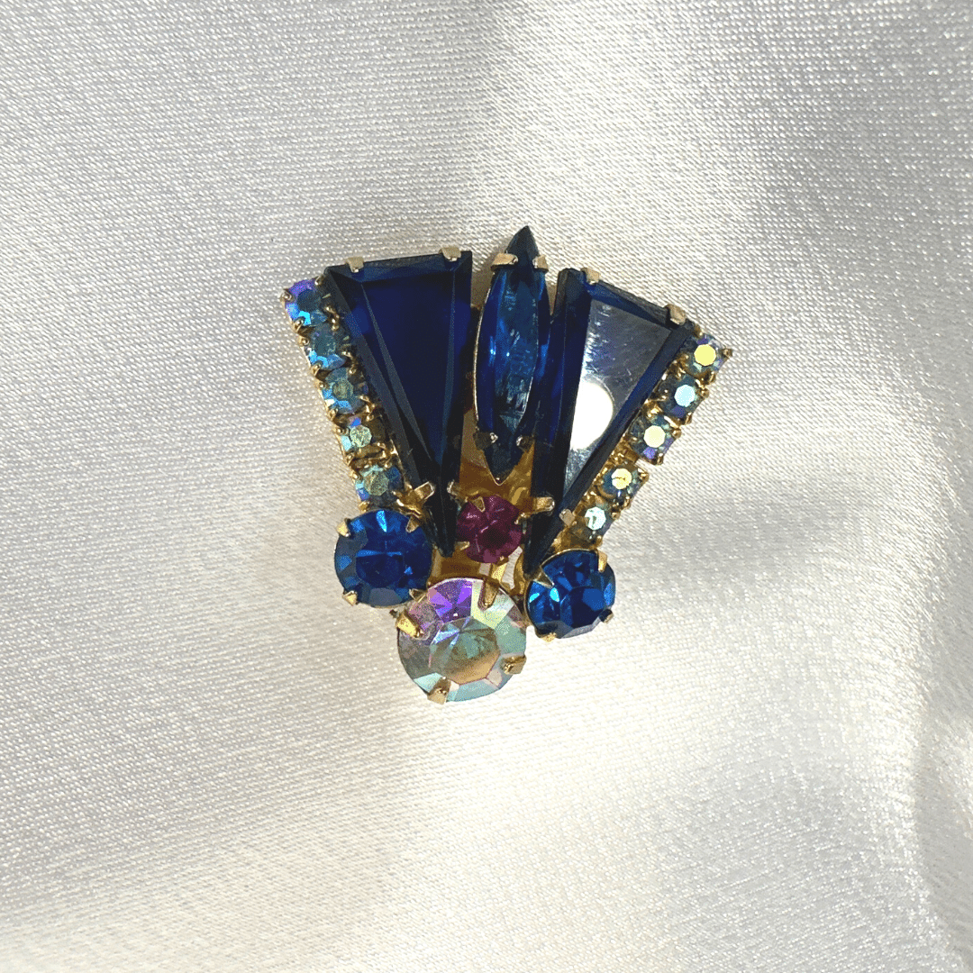 Vintage Julianna Earrings Blue Cut Glass and Rhinestone Earrings - single earring