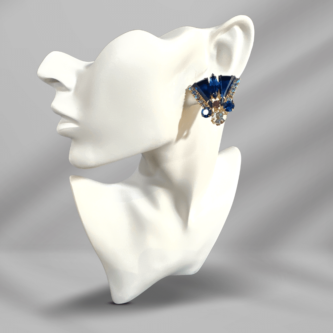 Vintage Julianna Earrings Blue Cut Glass and Rhinestone Earrings - single earring - on mannequin