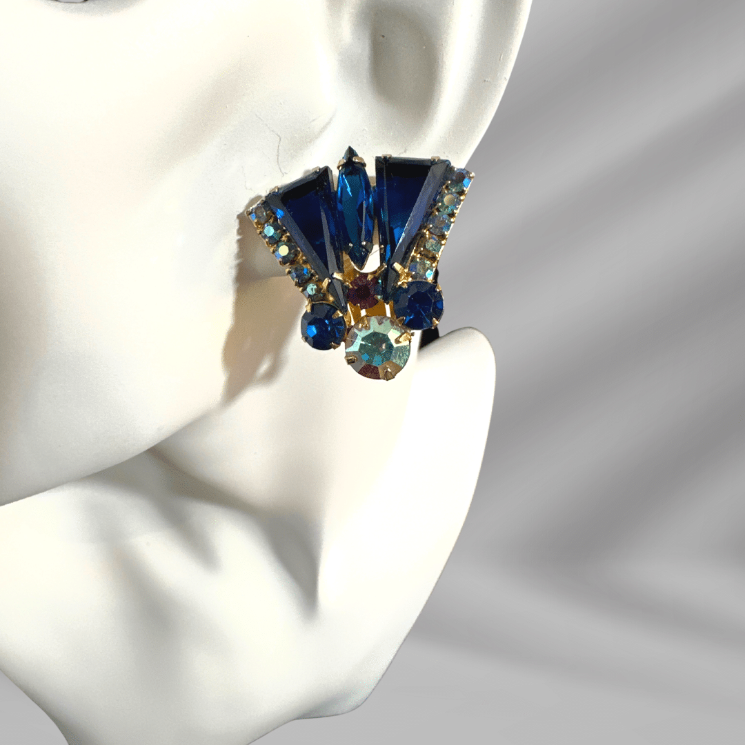 Vintage Julianna Earrings Blue Cut Glass and Rhinestone Earrings - single earring on mannequin
