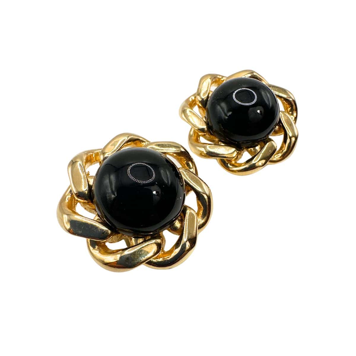 Vintage Signed Ciner Black Cabochon Glass Flower Shape Earring