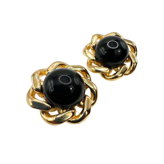 Vintage Signed Ciner Black Cabochon Glass Flower Shape Earring