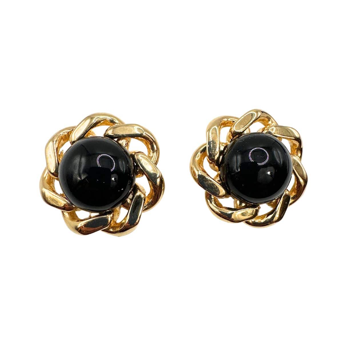 Vintage Signed Ciner Black Cabochon Glass Flower Shape Earring - Front view