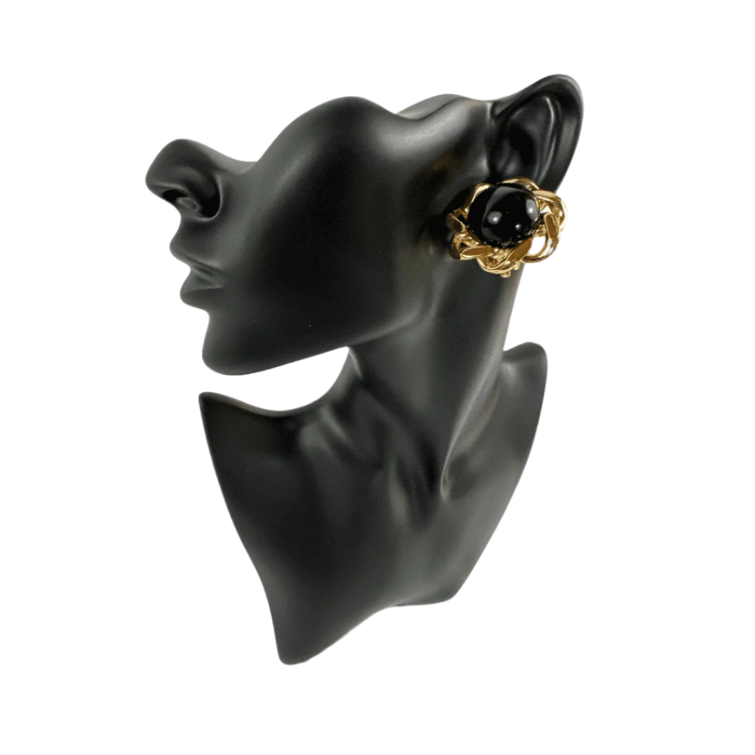 Vintage Signed Ciner Black Cabochon Glass Flower Shape Earring - On Mannequin