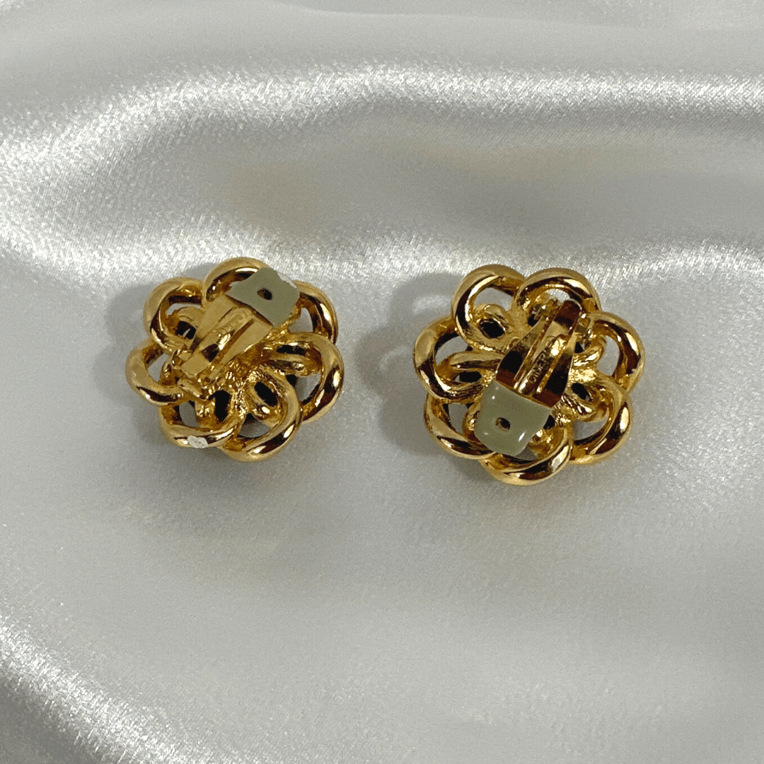 Vintage Signed Ciner Black Cabochon Glass Flower Shape Earring - Rear view