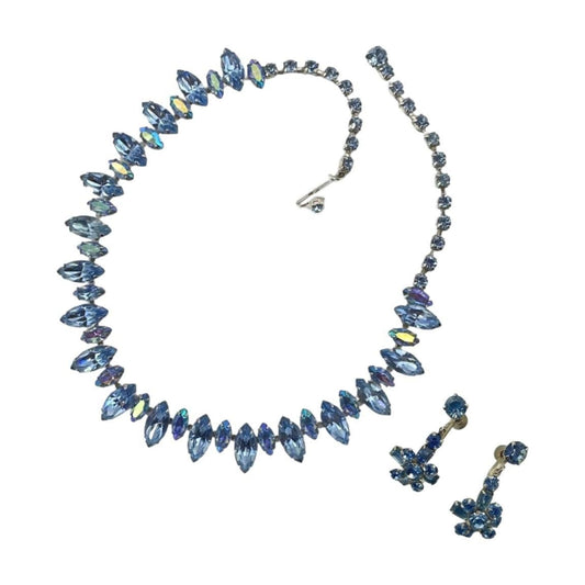 Vintage Sky Blue Rhinestone Earrings and Necklace Set