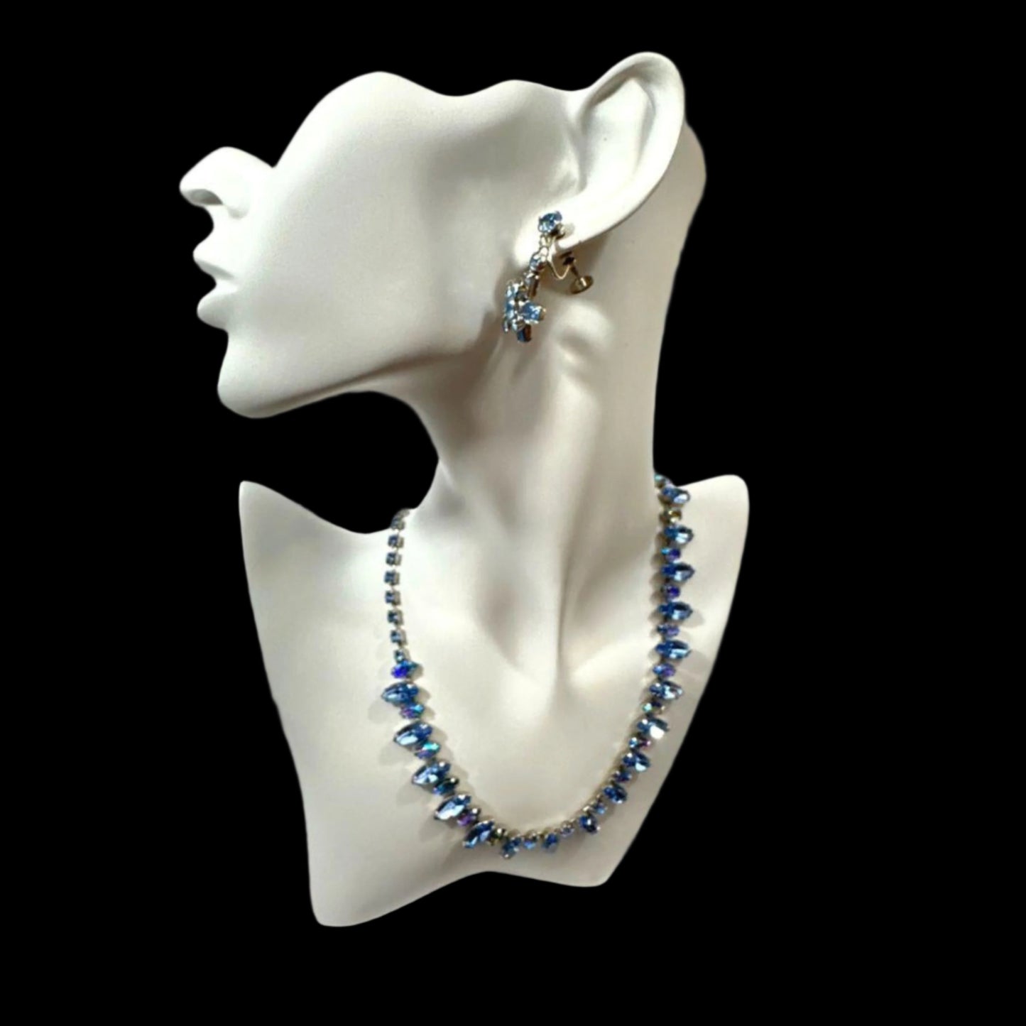 Vintage Sky Blue Rhinestone Necklace and Earring Set - On Mannequin
