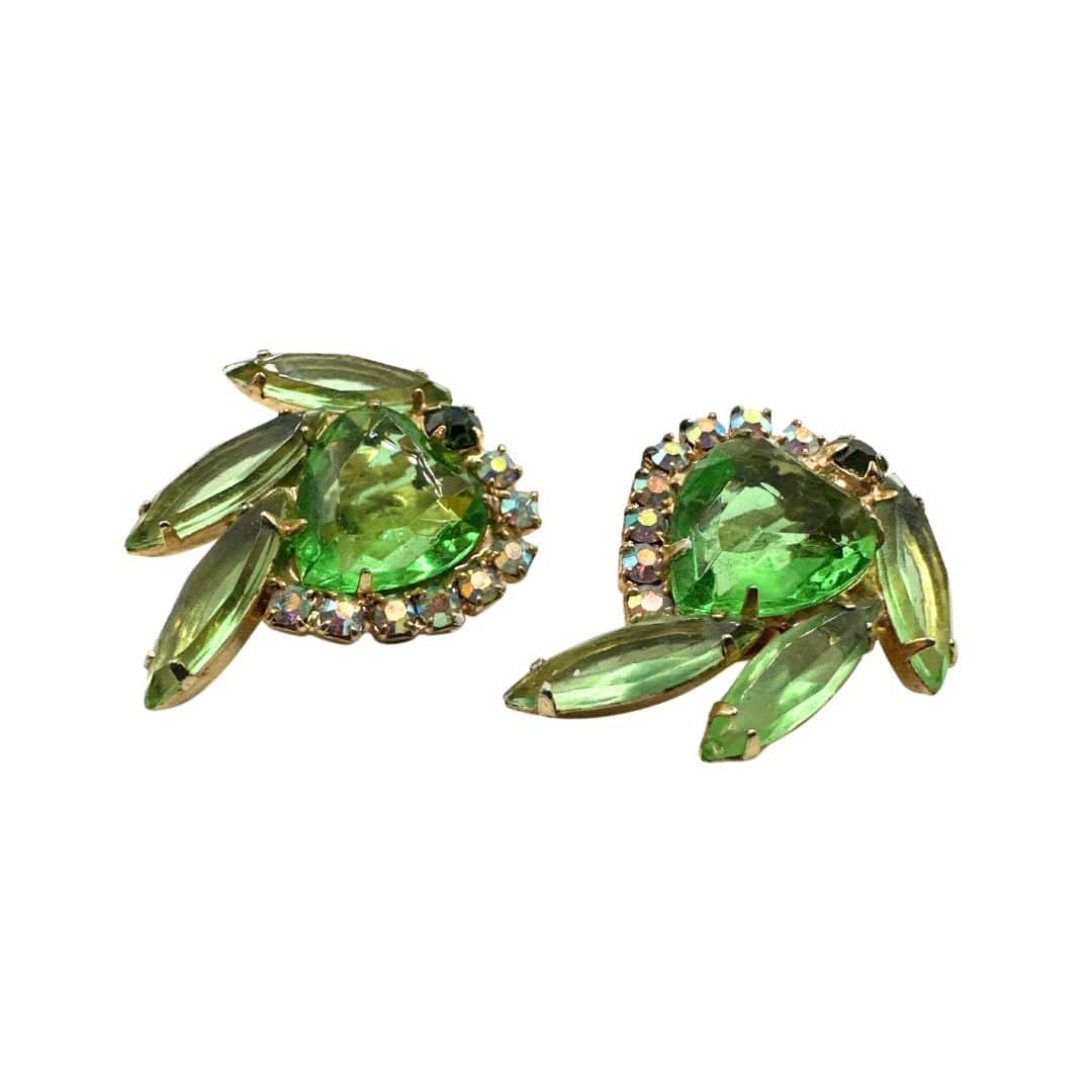 Vintage Unsigned Julianna Green Heart Cut Glass and Rhinestone Earrings