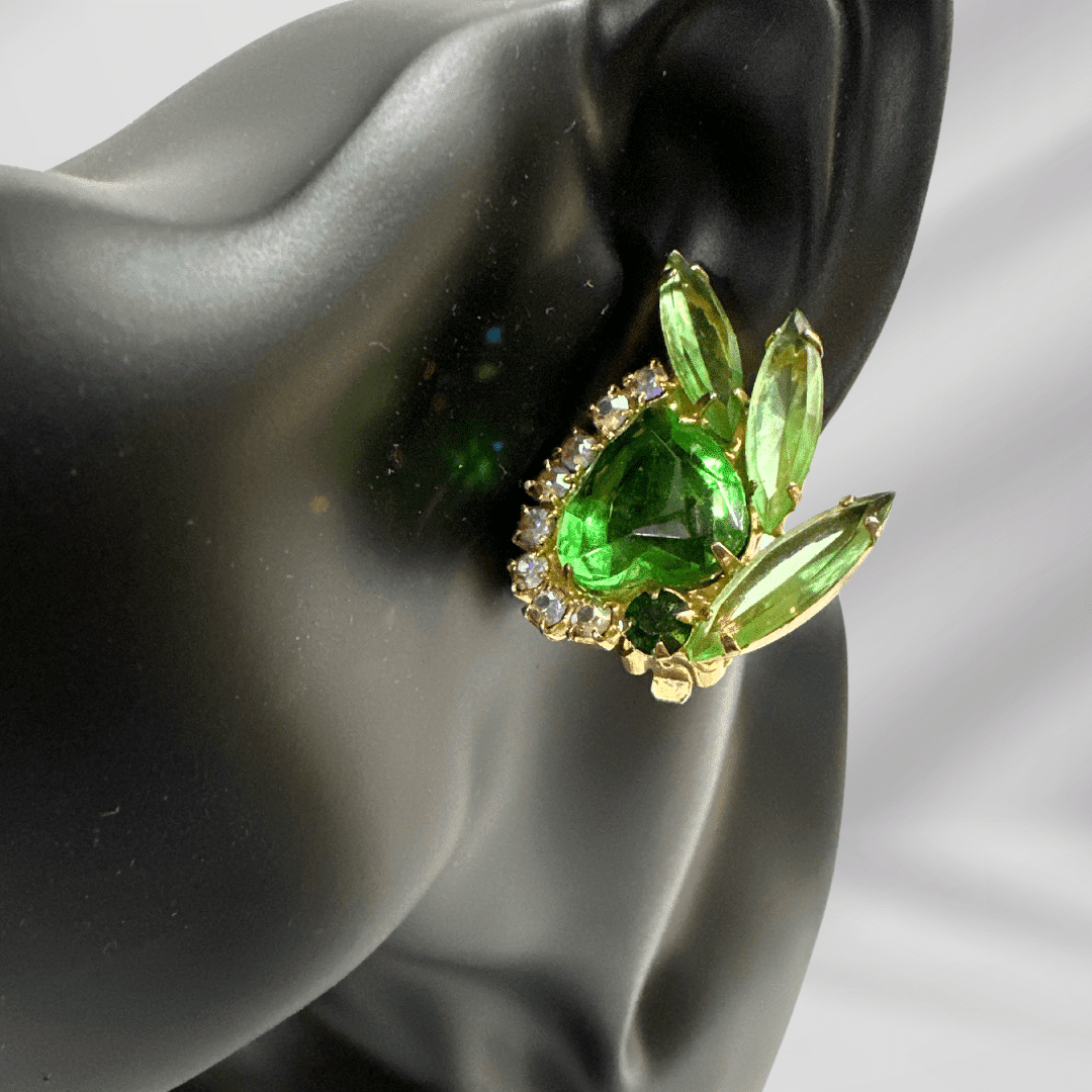 Vintage Unsigned Julianna Green Heart Cut Glass and Rhinestone Earrings - on mannequin