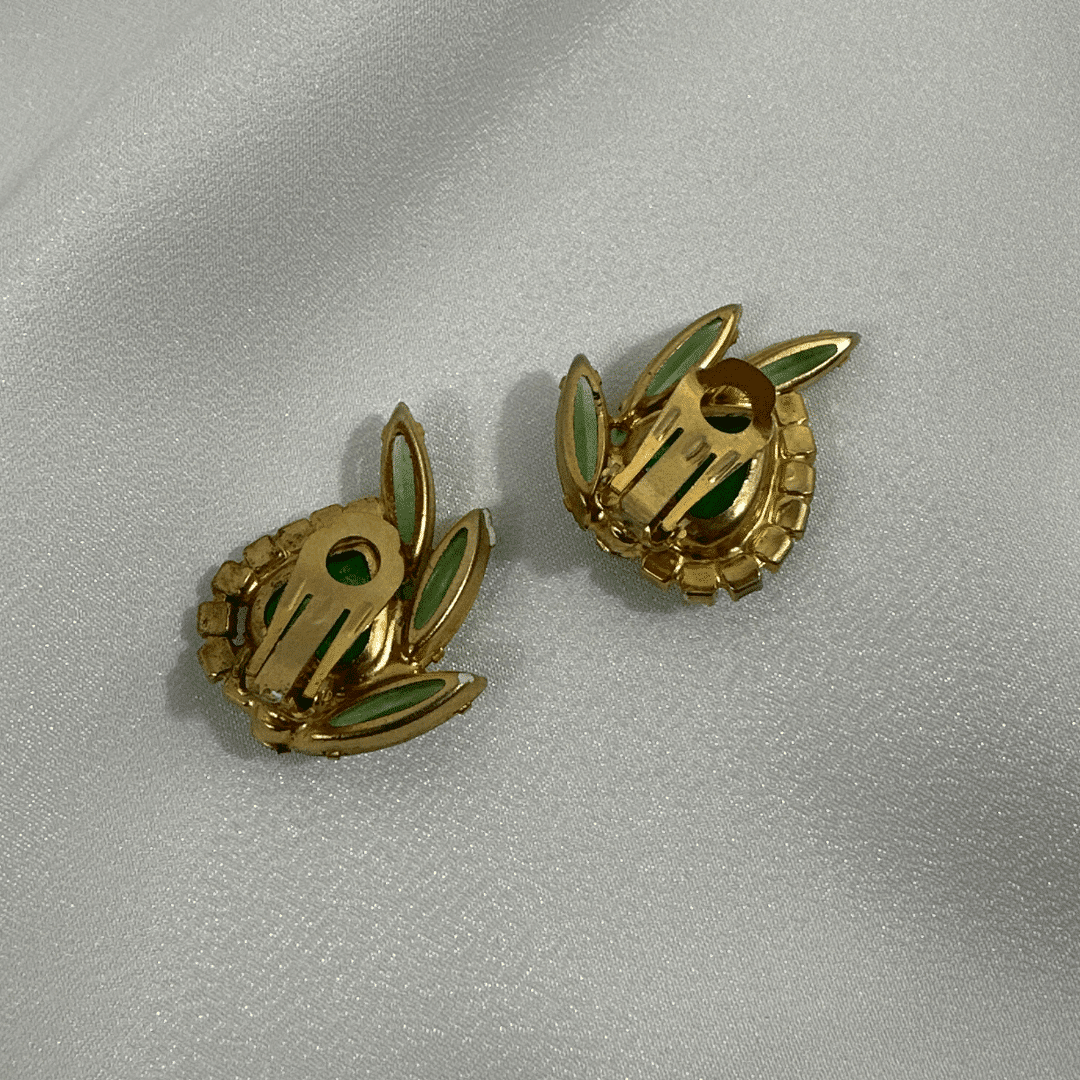Vintage Unsigned Julianna Green Heart Cut Glass and Rhinestone Earrings - rear detail
