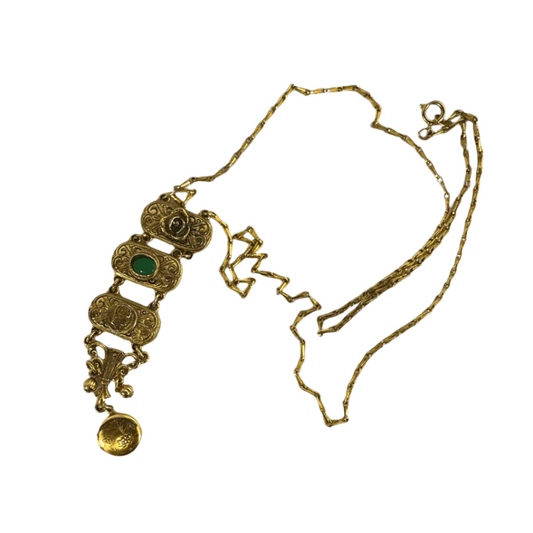 Vintage Y-Drop Pendant Locket Necklace With Green Stone