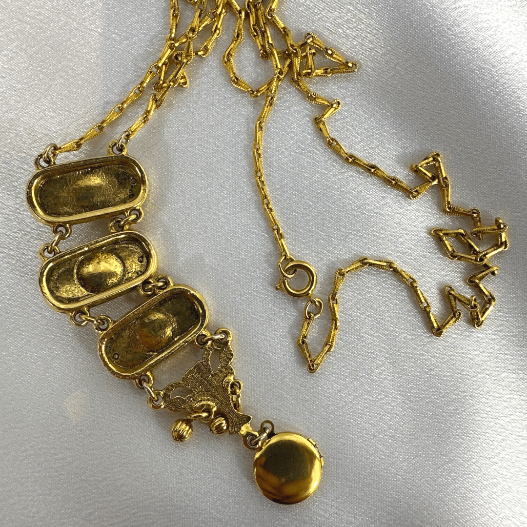 Vintage Y-Drop Pendant Locket Necklace With Green Stone - Rear Detail
