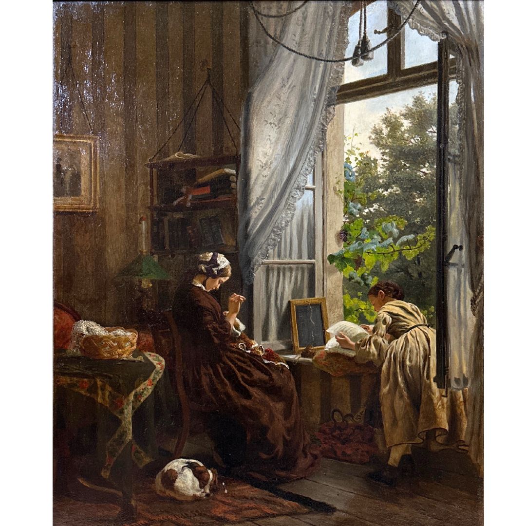 "Spring at Window" Felix Schlesinger, Watercolor on paper Signed and dated 1858  , 26.25 x 21.25″ image 1