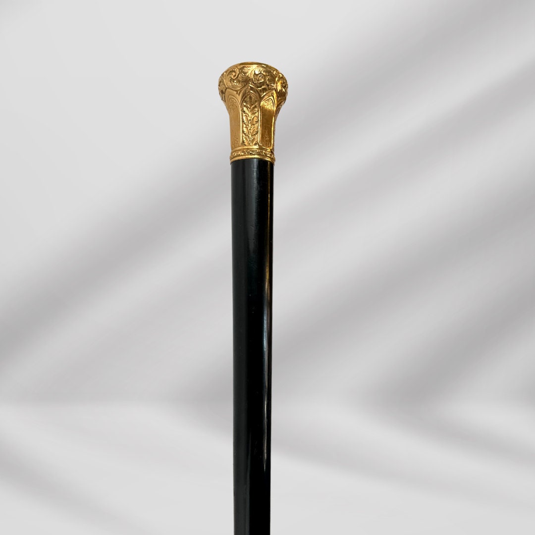 Antique Black Walking Stick. Carved Gold-Plated Knob Handle, Elegant Gentleman’s Cane.