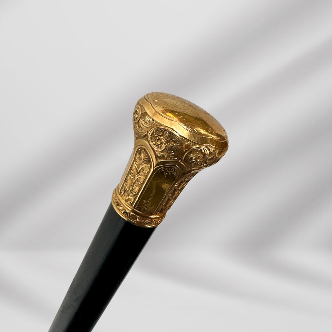 Antique Black Walking Stick. Carved Gold-Plated Knob Handle, Elegant Gentleman’s Cane.