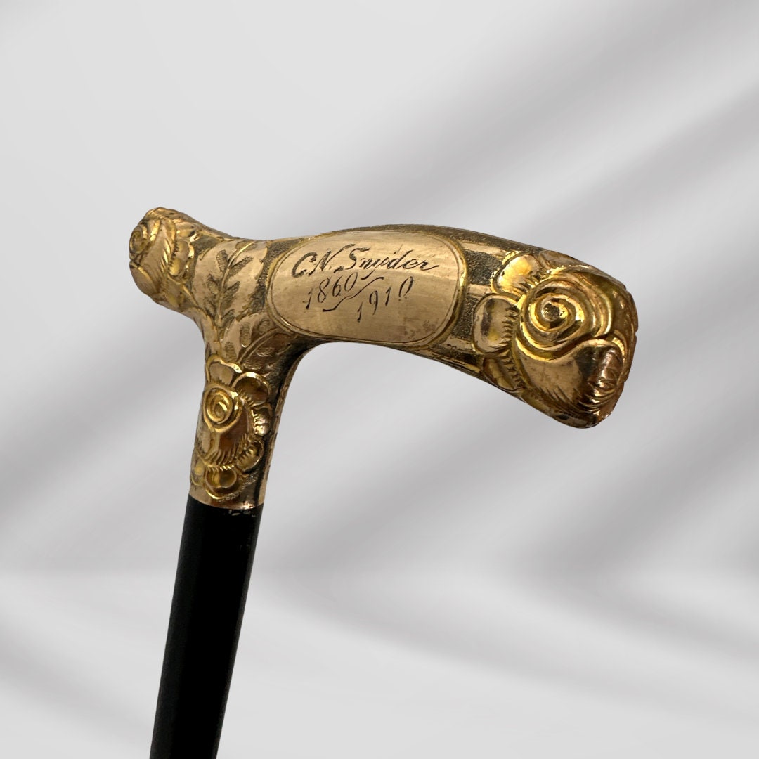 Antique 1860 Walking Stick. Black Cane with Carved Gold-Plated Knob Handle, Signed Skinner.