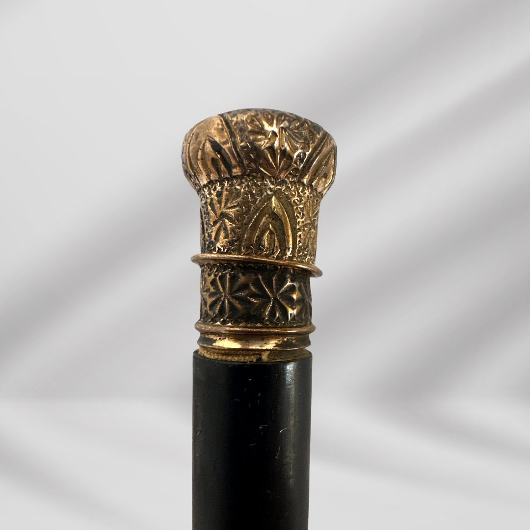 Antique Walking Stick. Black Cane with Gold-Filled Knob Handle, Elegant Vintage Accessory