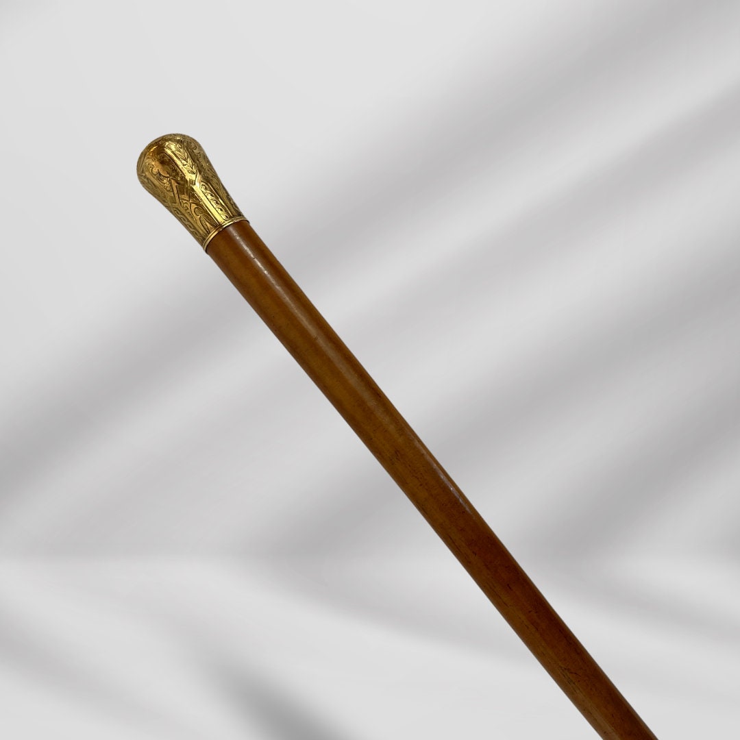 Antique Skinner Gold Plated Knob Handle Walking Stick Cane Light Brown